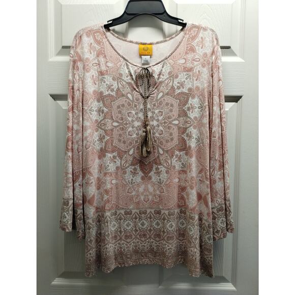 Ruby Rd. Women's Size Large Pink Boho Medallion Tassel 3/4 Sleeves Soft Top - Picture 1 of 6